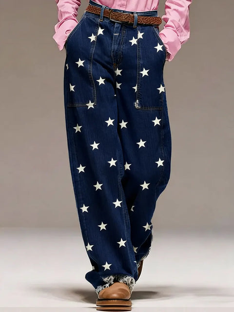 Women's Star Print High-waisted Casual Wide-leg Jeans