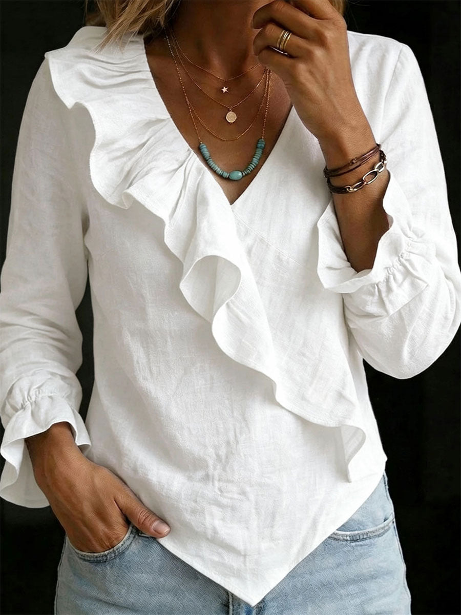 Women's Cotton-linen Ruffled V-neck Blouse With Asymmetrical Hem And Flared Sleeves