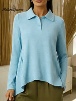 Women's Solid Color Shirt Collar Long-sleeved Casual Loose Top With Irregular Hem.