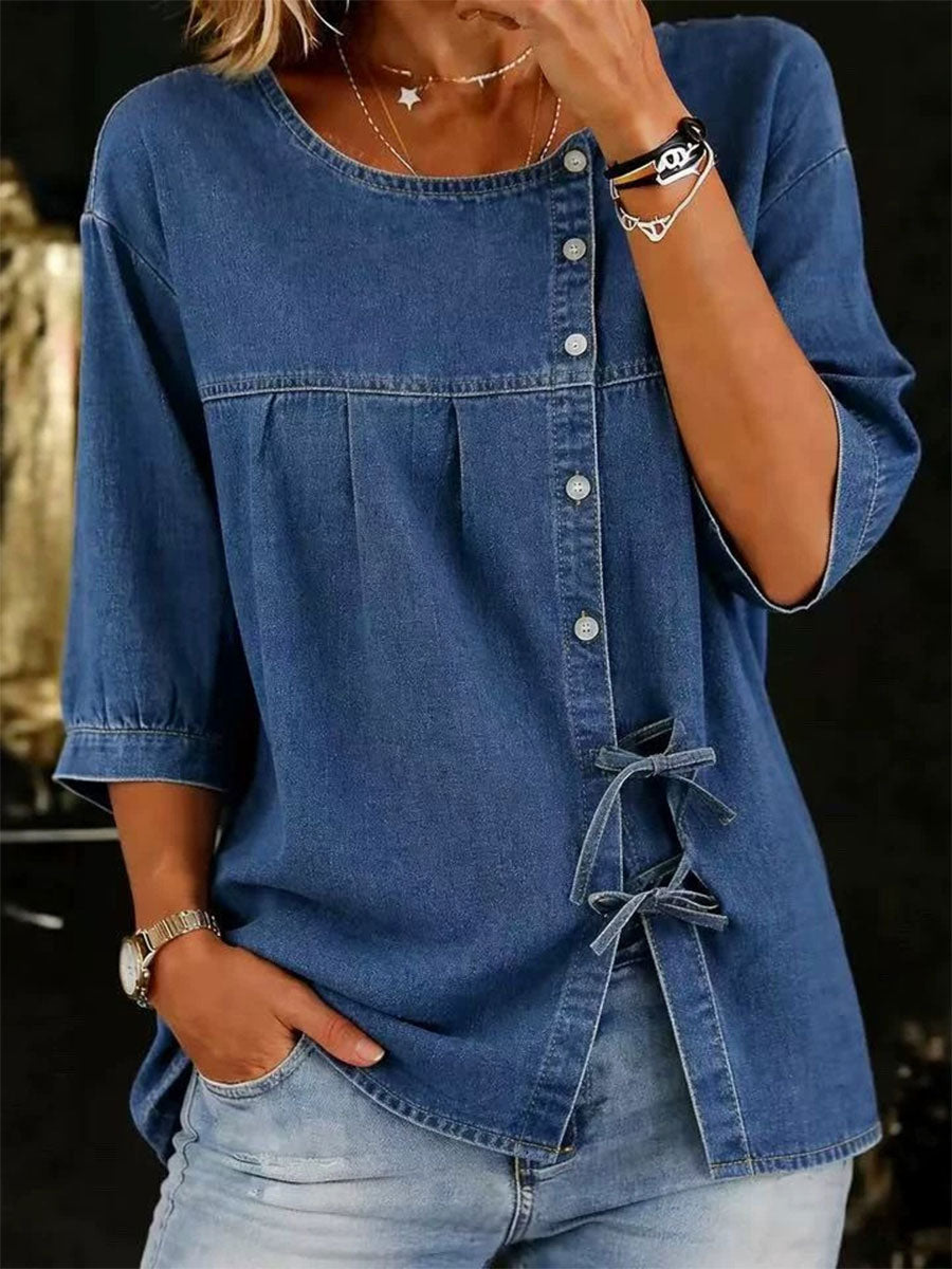 Women's Loose And Comfortable Mid-length Sleeves Round Neck Denim Shirt