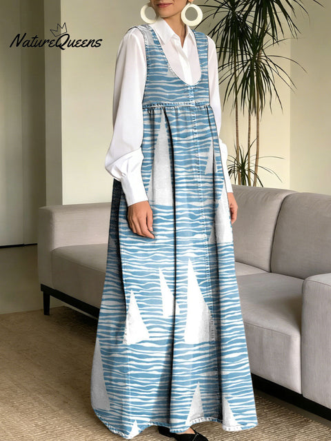 Women's Sailing Ship Landscape Decorative Patterns Casual Square Collar No Sleeve Dress