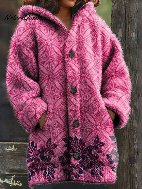 Women's Retro Plants Flowers Contrasting Colors Pattern Art Print Casual Plush Warm Coat