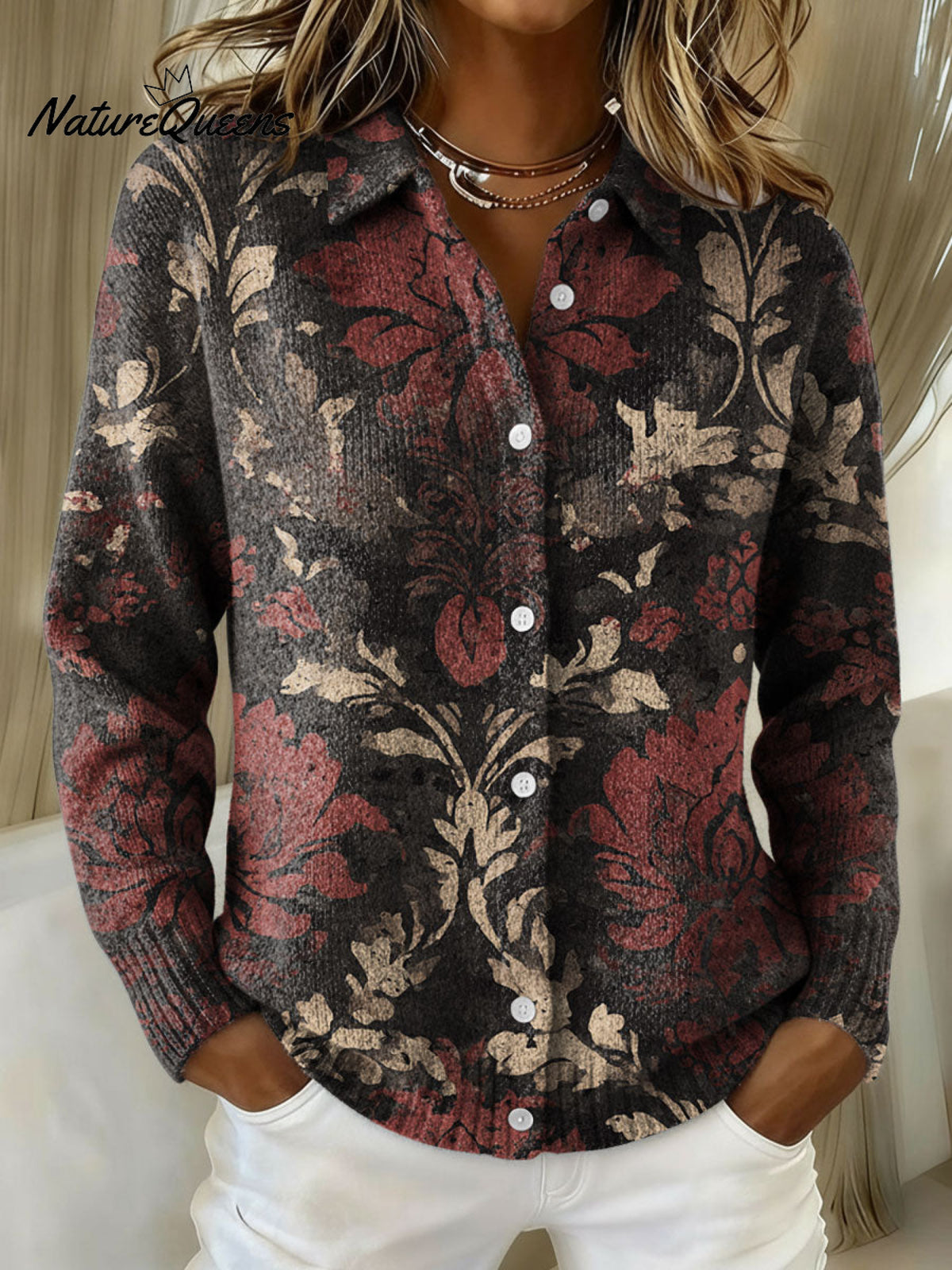 Women's Vintage Flower Geometric Abstract Pattern Art Print Cowl Neck Sweater