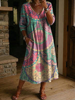 Women's Flower Print Casual Loose-fit Cotton-linen Dress With Lace Trim And Paneling