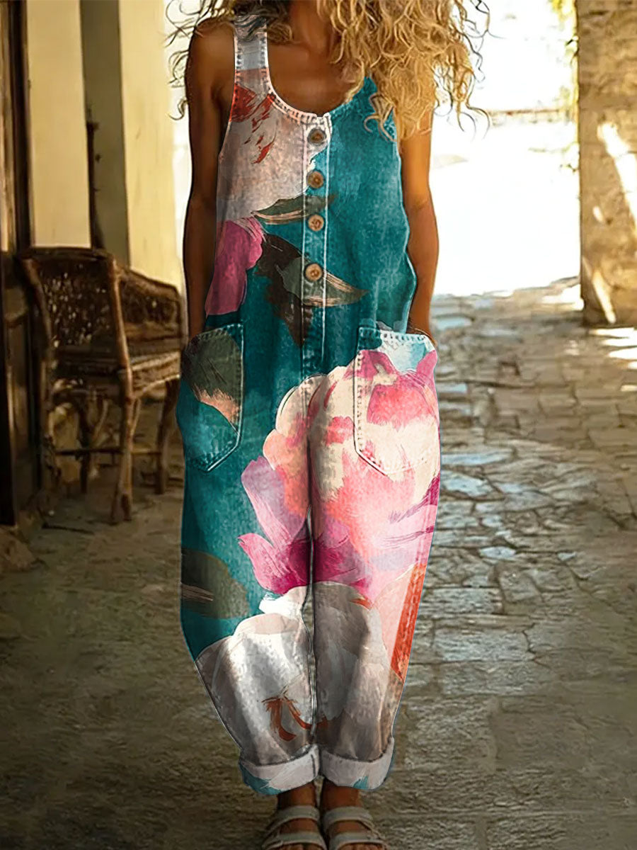 Women's Flowers Floral Casual Cotton Vest Denim Jumpsuit