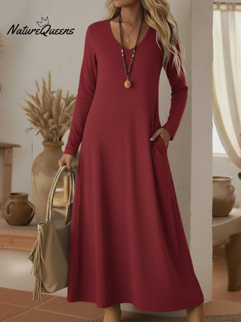 Cozy Basic Casual V-neck Solid Color Knit Dress
