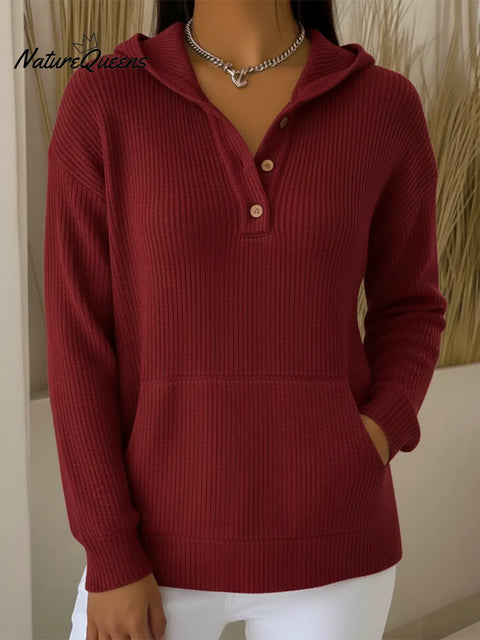 Casual Hooded Button Pocket Knit Pullover