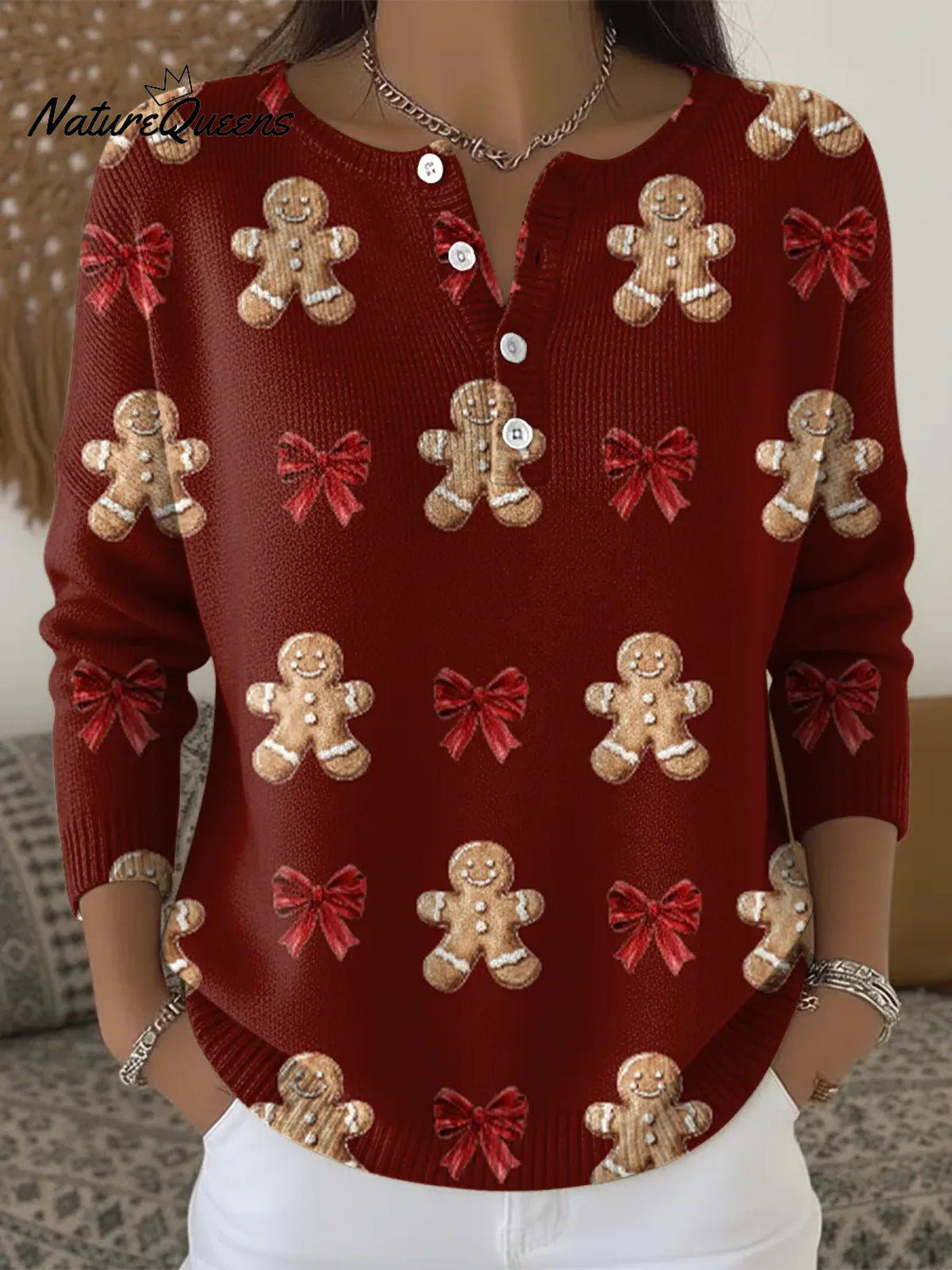 Women's Gingerbread Man Bow Casual Printed Sweater
