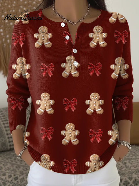 Women's Gingerbread Man Bow Casual Printed Sweater