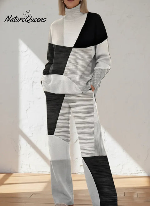 Women's Abstract Geometric Pattern Art Print Casual Knitted Cotton Top Pants Suit