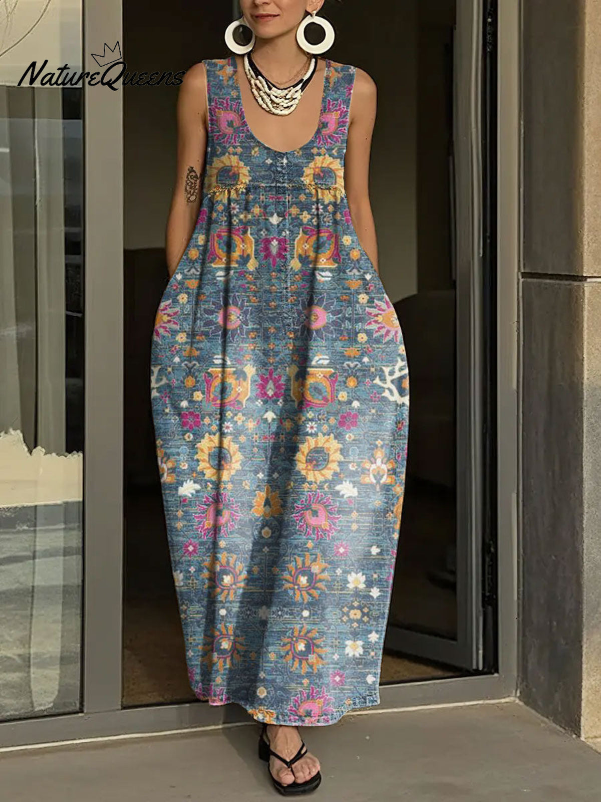 Women's Simple Flowers Pattern Art Print Casual Cotton Denim Dress