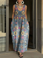 Women's Simple Flowers Pattern Art Print Casual Cotton Denim Dress