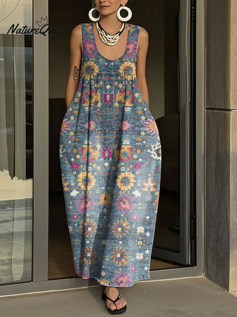 Women's Simple Flowers Pattern Art Print Casual Cotton Denim Dress