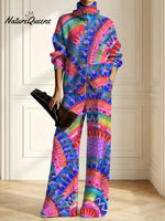 Women's Abstract Pattern Art Print Casual Cotton Knitted Suits