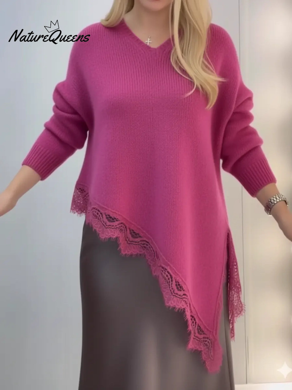 Women's Cozy Patchwork Lace Asymmetrical Hem Pullover Sweater