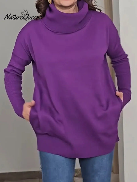 Women's Solid Color High Neck Long Sleeve Casual Loose Knit Top