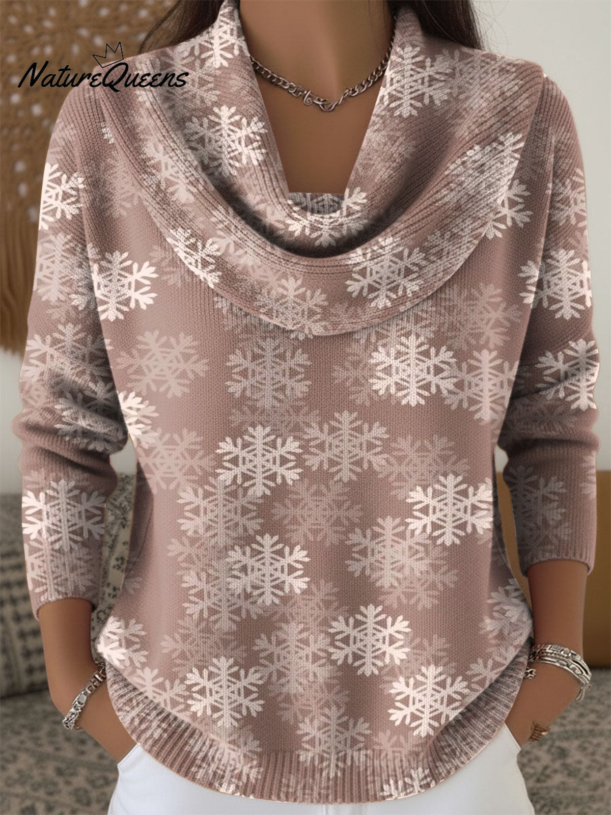 Women's Winter Snowflake Decorative Patterns Casual Swing Collar Long Sleeve Sweater