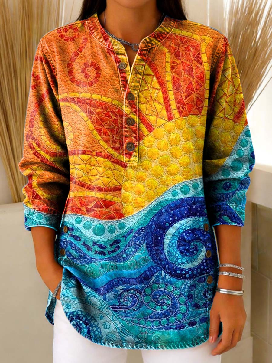 Women's Vintage Sunflower Print Casual Cotton Shirt