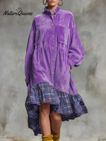 Women's Stand Collar Long Sleeve Plaid Print Casual Loose Corduroy Patchwork Dress