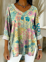 Women's Retro Gradient Flowers Floral Art Patterns Casual Washed Denim Cotton Top