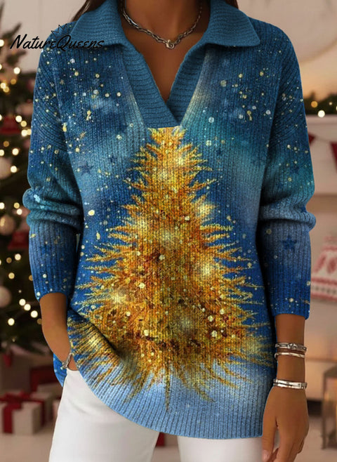 Christmas Tree Bow Art Pattern Art Polo Collar Shiny Loose Sweater Top