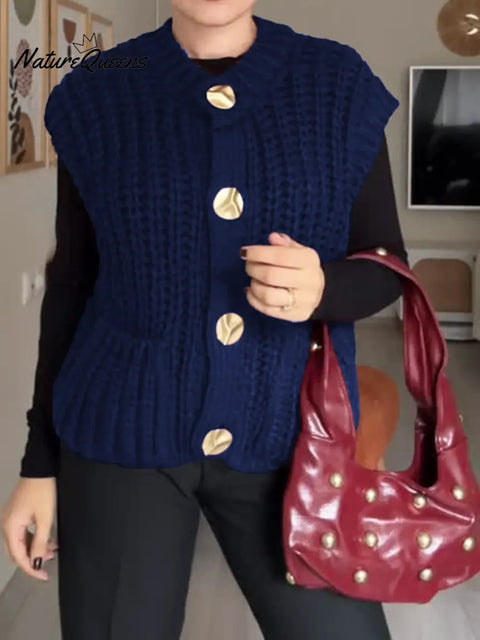 Women's Solid Color Round Neck Sleeveless Casual Loose Vest Knit Cardigan