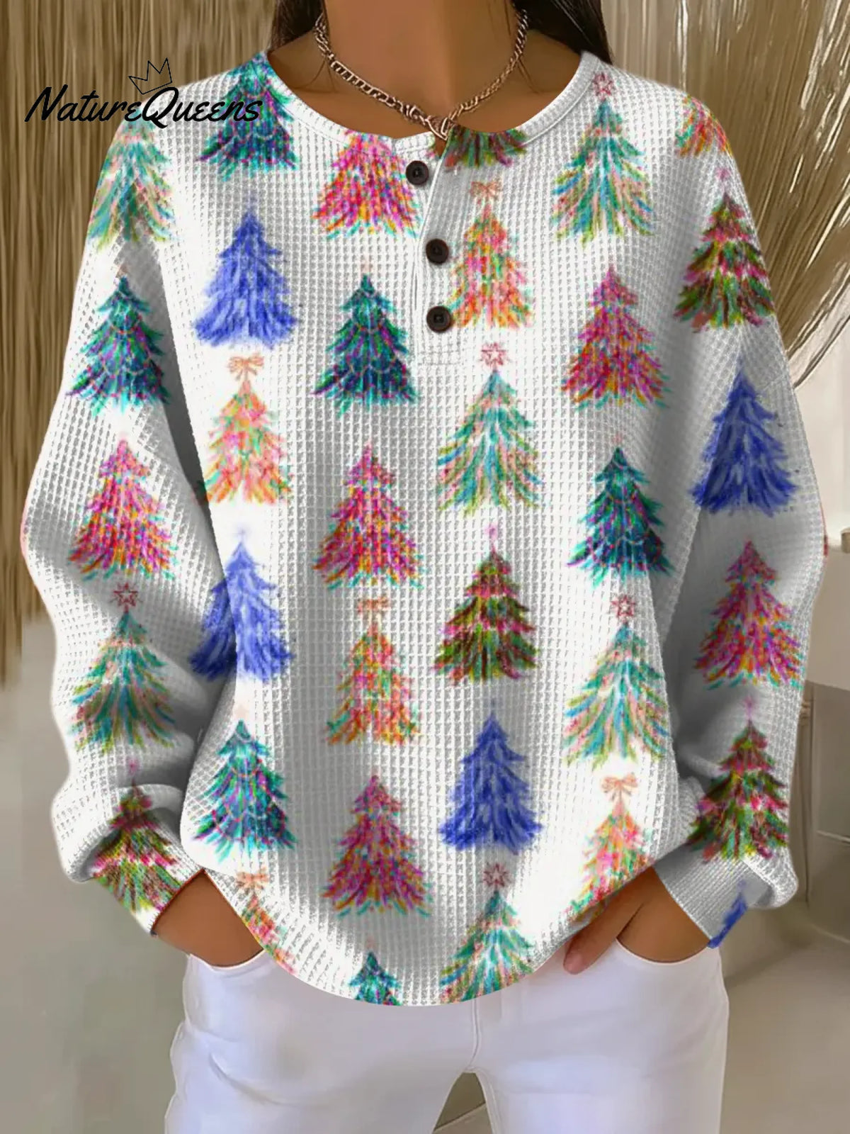 Women's Colorful Christmas Tree Print Casual Cotton Shirt