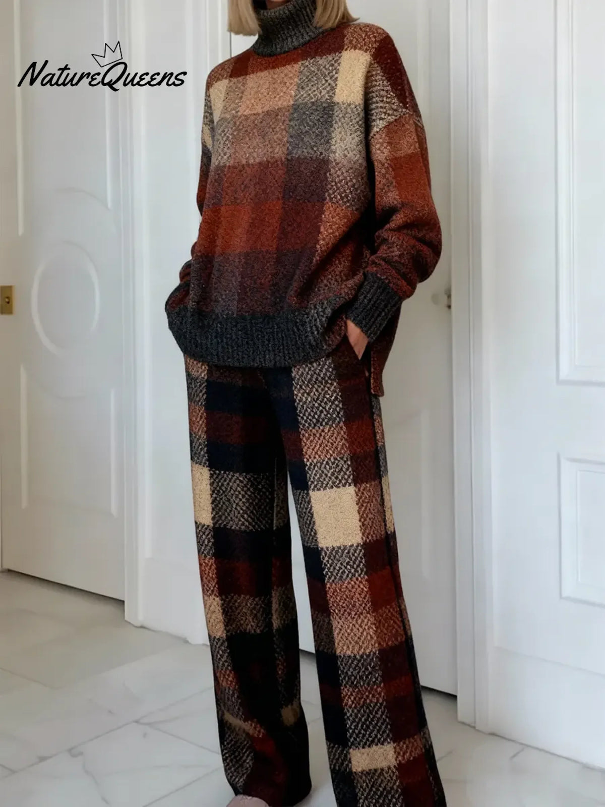 Women's Vintage PlaidArt Print Casual Knitted Cotton Top Pants Suit