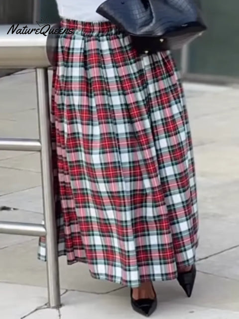 Women's Casual And Comfortable Plaid Cotton And Linen Skirt