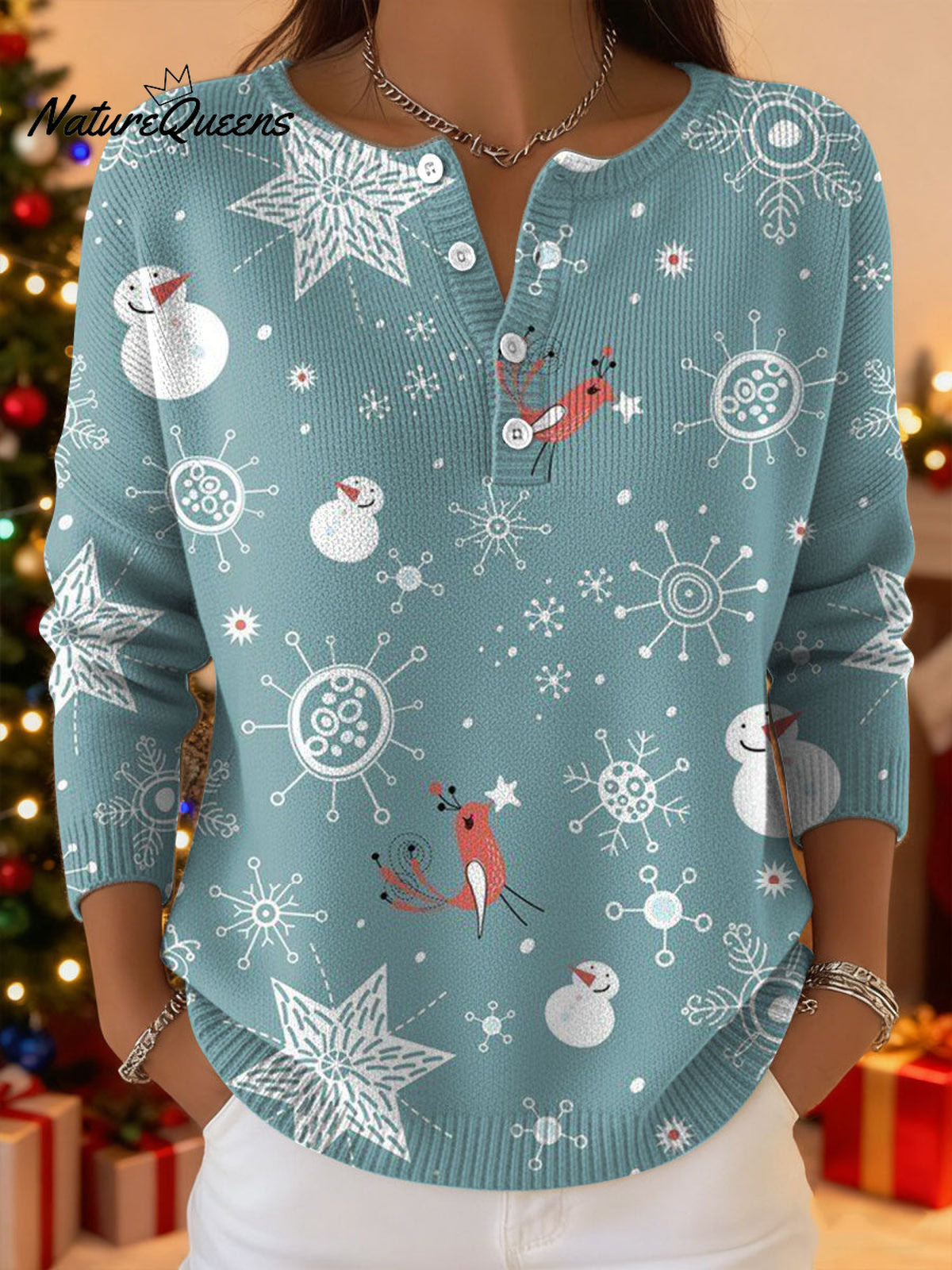 Women's Christmas Snowflake Snowman Pattern Art Print Buttoned Cardigan Sweater