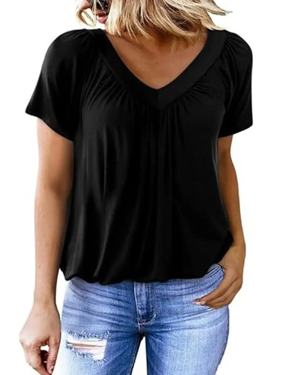 Women's Solid Color V-Neck Casual Cotton T-shirt