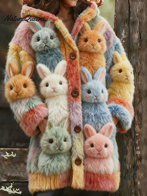 Women's Funny Rabbits Pattern Art Print Casual Fleece Coat