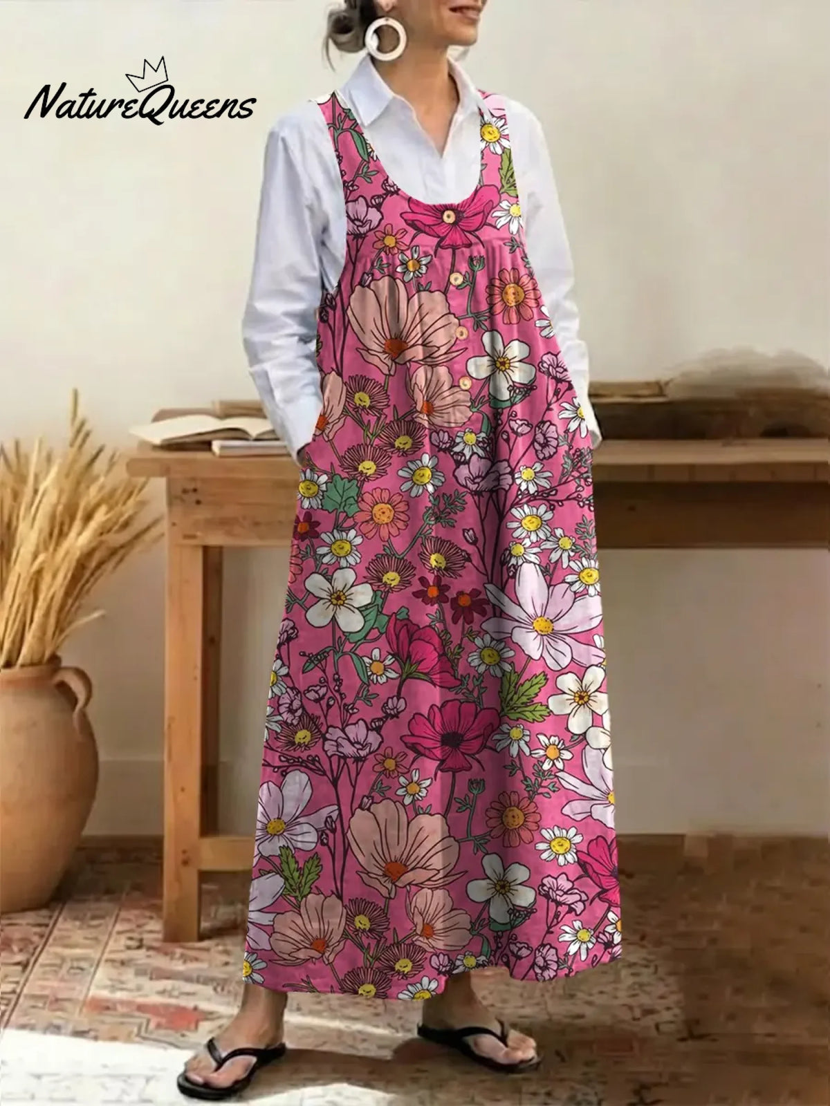 Women's Floral Print U-neck Sleeveless Casual Loose Cotton Vest Dress
