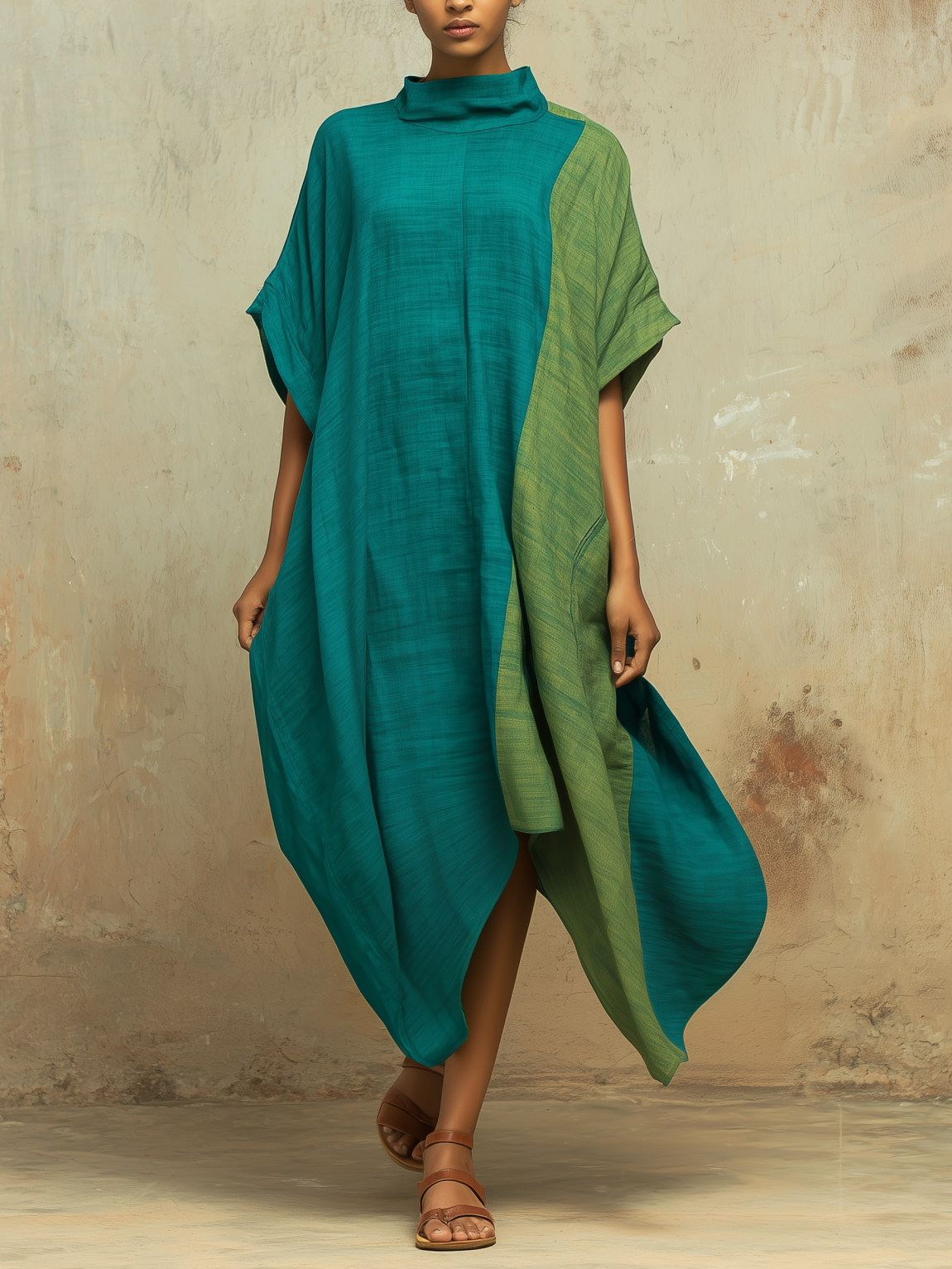 Color-blocked High Neck Asymmetric Linen Dress