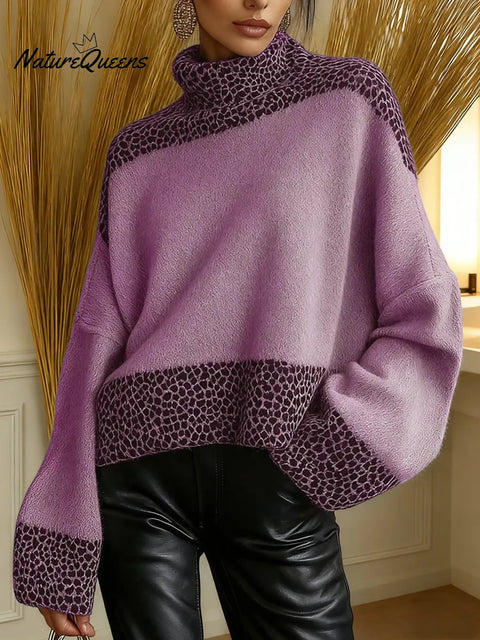 Women's Leopard Print Patchwork High-Neck Long-Sleeve Casual Loose Knit Dress