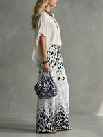 Women's Printed Chiffon Short-sleeve Top And Trouser Set (round Neck)