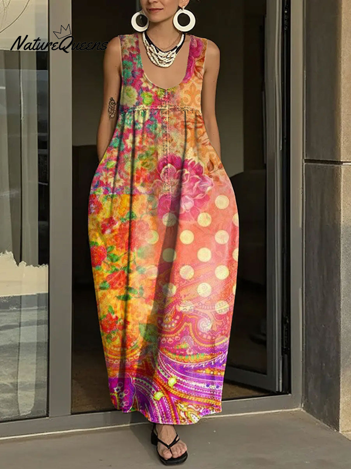 Women's Simple Flowers Pattern Art Print Casual Cotton Denim Dress