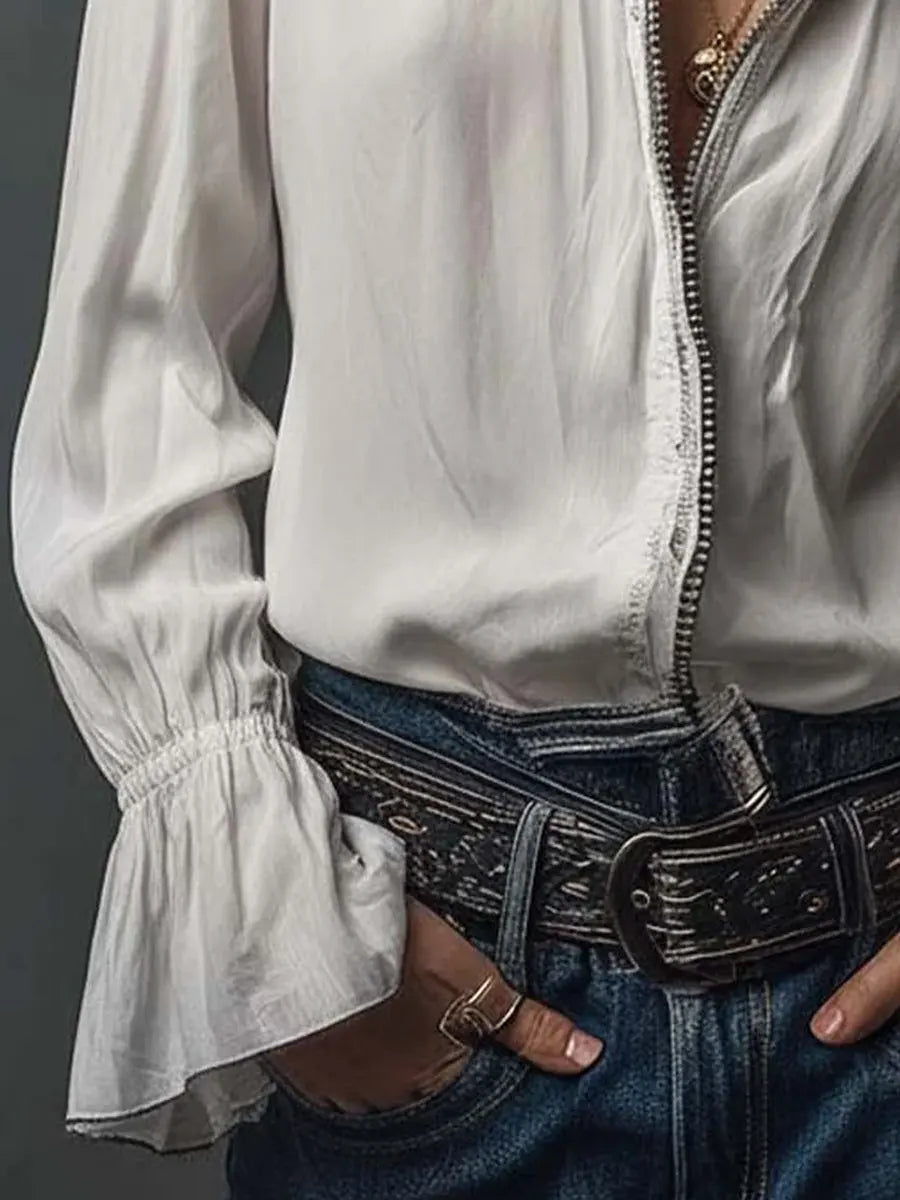 Women's Solid Color Ruffled Art Casual Long Sleeve Cotton Shirt