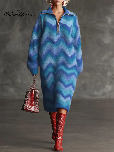 Women's Geometric Print Cardigan Collar Long-sleeved Casual Loose Knit Dress