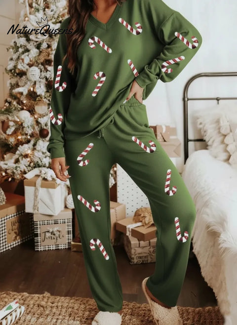 Cozy Christmas Candy Print V-neck Top And Pants Two-piece Set