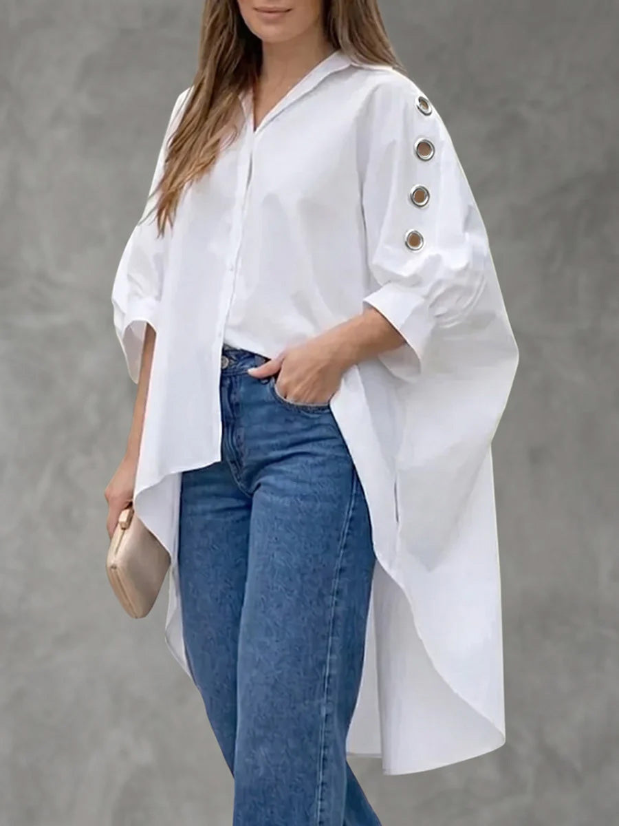 Women's Solid-color Cotton Shirt — Collared 3/4-sleeve Casual Loose Fit With High-low Hem
