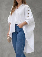 Women's Solid-color Cotton Shirt — Collared 3/4-sleeve Casual Loose Fit With High-low Hem
