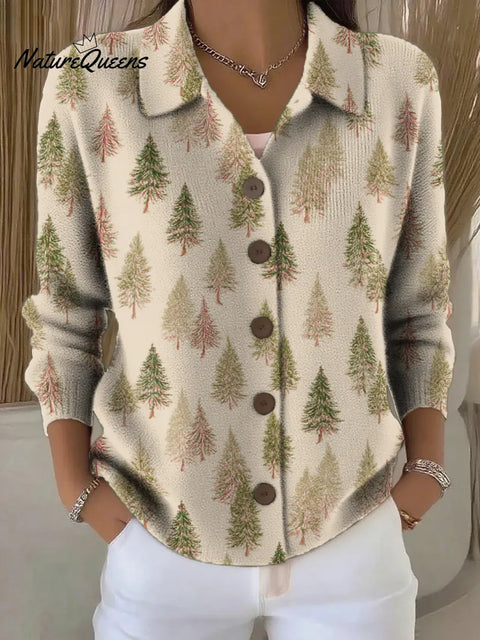 Women's Christmas Tree Pattern Print Printed Collared Sweater