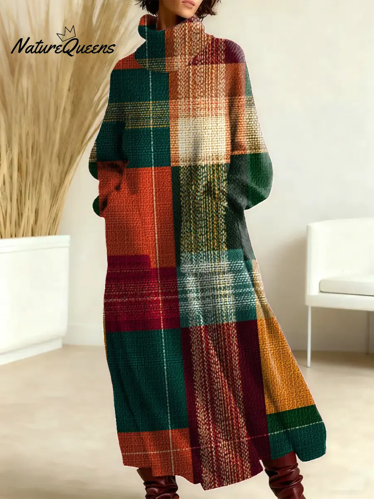 Women's Plaid Pattern Art Print Casual Cotton Knitted Dress