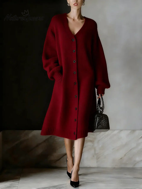 Women's Solid Color V-neck Long Sleeve Casual Loose Cardigan Dress