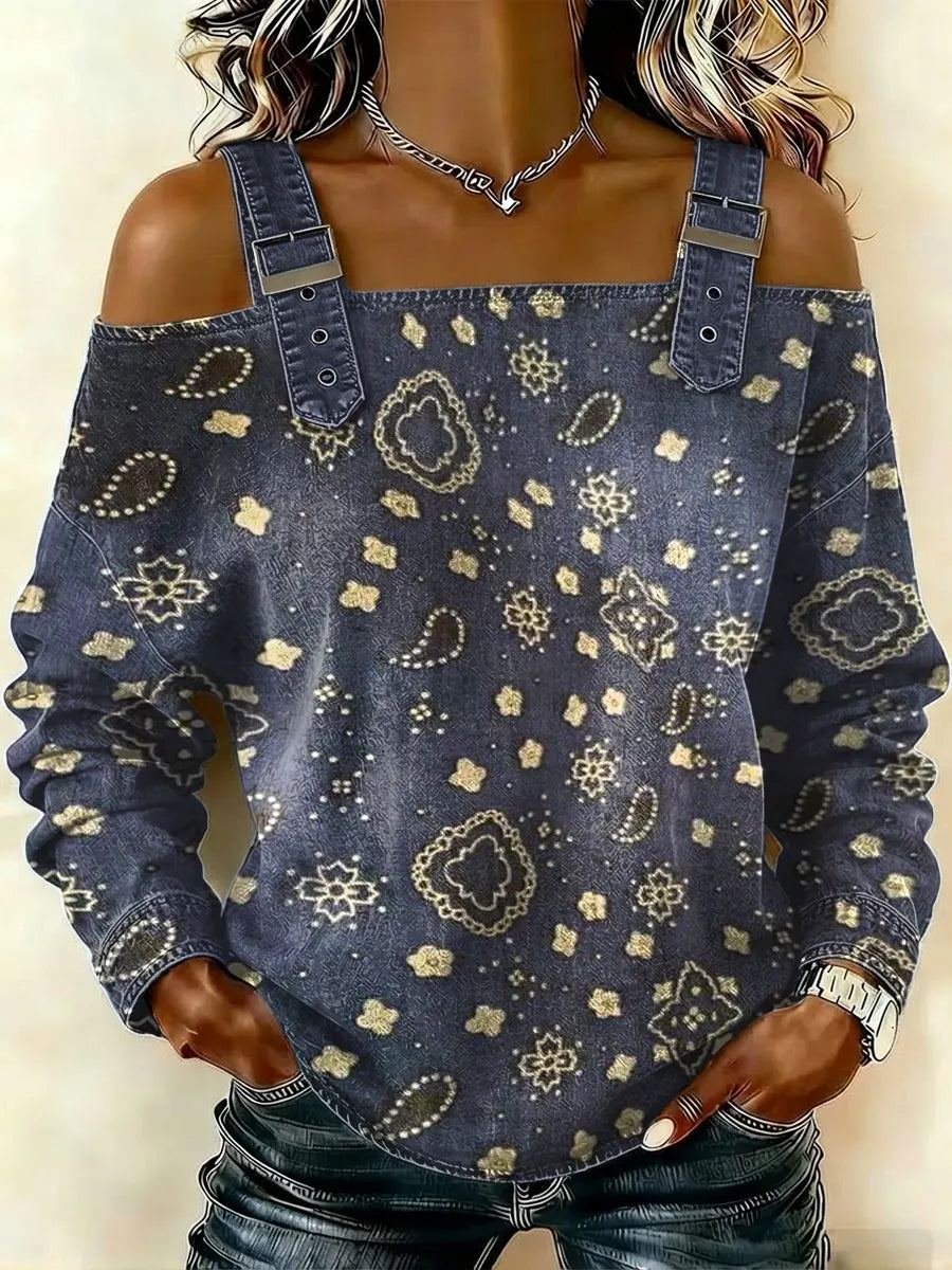 Women‘s Vintage Pattern Art Print Casual Cotton Denim Shirt