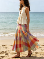 Women's Sleeveless Art Stylish Casual Top And Plaid Skirt Two-piece Set
