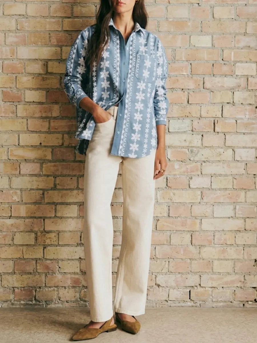 Women’s Vintage Blue Floral Cotton Shirt