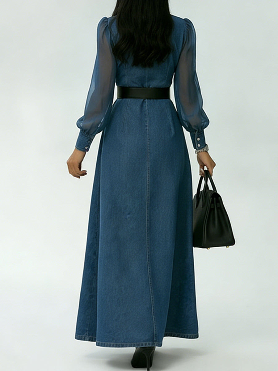 Women's Patchwork Organza Sleeve Maxi Split Denim Dress