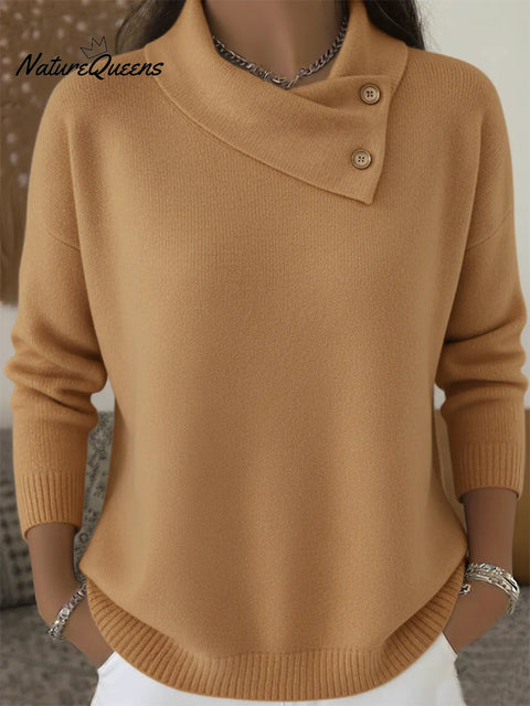 Elegant Scarf Collar Button-Up Solid Color Sweater Top